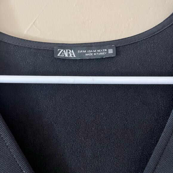 Zara Women's Black V-Neck Long-Sleeve Ruched Bodycon Midi Dress: Size Medium - Picture 3 of 4